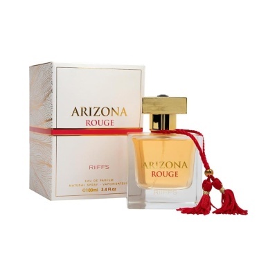 Perfume ARIZONA ROUGE com caixa e frasco decorados em dourado e vermelho
