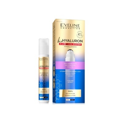 Produto Eveline Cosmetics bioHYALURON com aplicador roll-on e caixa dourada e azul