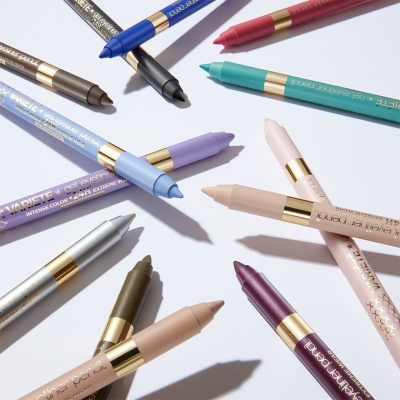 Lápis de olhos Varieté Intense Color em diversas cores com embalagem dourada e colorida