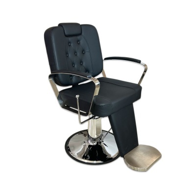 Cadeira de barbearia preta com base e apoios metálicos