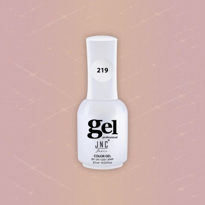 Frasco branco de verniz gel para unhas número 219 com texto preto em fundo rosa