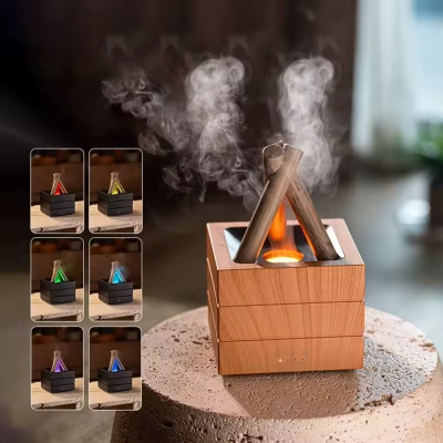 Difusor de aroma em madeira com tubos metálicos e luz LED colorida