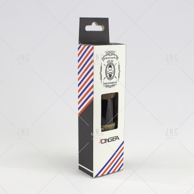 Embalagem de produto ZINGEA com riscas coloridas e janela transparente