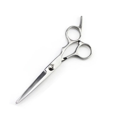 Tesoura de corte de cabelo metálica prateada em fundo branco