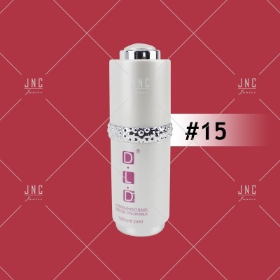 Frasco branco de gel para unhas com tampa prateada e anel decorativo, fundo vermelho e número #15