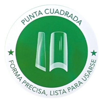 Etiqueta redonda com unhas postiças transparentes e texto em português