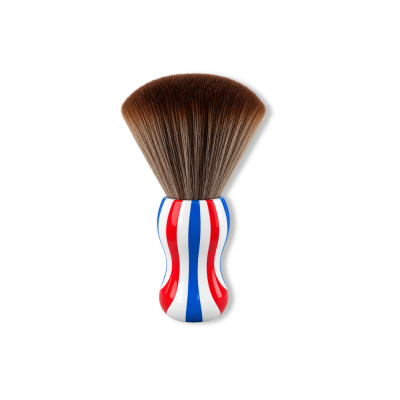 Pincel de barbear com cerdas castanhas e cabo listrado vermelho, branco e azul