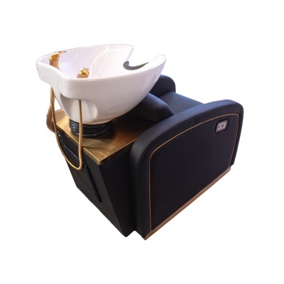 cadeira de cabeleireiro com cuba branca e detalhes dourados