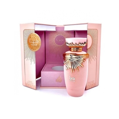 frasco de perfume rosa claro com detalhes dourados e caixa aberta rosa claro