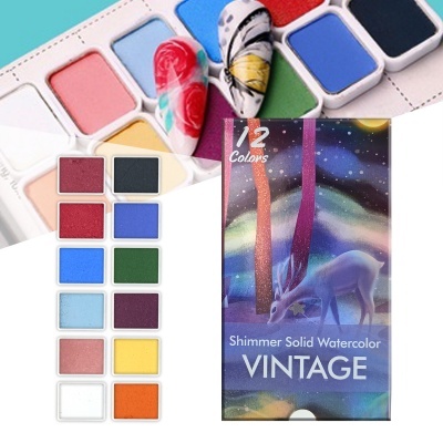 Paleta de 12 cores de aquarela sólida VINTAGE com design de cervo e aurora boreal