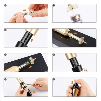 Siringa dourada com escala preta e tampa transparente em várias etapas de uso