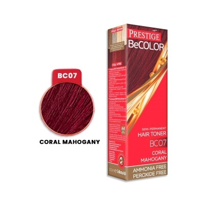 Embalagem de toner para cabelo PRESTIGE BeCOLOR BC07 Coral Mahogany com amostra da cor