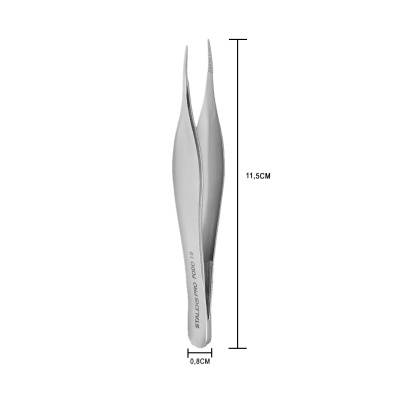 Pinça metálica prateada com medidas e texto impresso