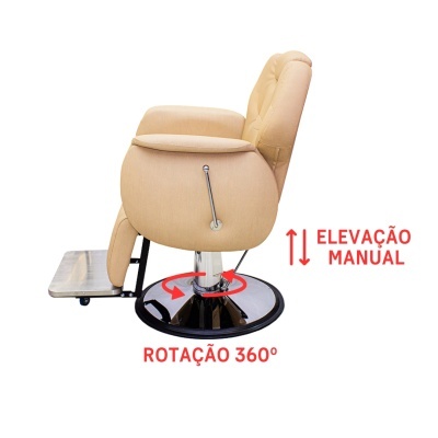 Cadeira bege com base metálica e texto de elevação manual e rotação 360°