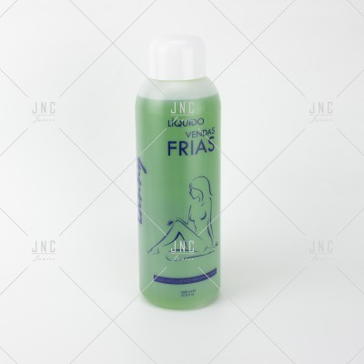 Frasco verde de líquido para vendas frias com tampa branca e texto azul