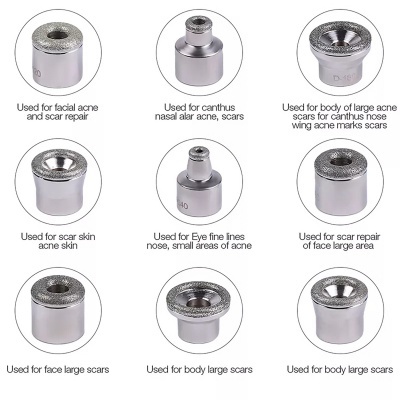 Nove cabeças metálicas para ferramentas de cuidados com a pele com indicações de uso para acne e cicatrizes