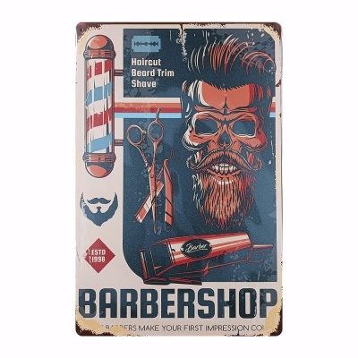 Placa decorativa de barbearia com imagem de homem barbudo, tesoura, navalha e máquina de cortar cabelo