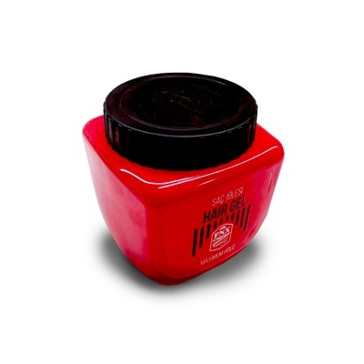 Frasco quadrado vermelho com tampa preta de gel para cabelo com rótulo.