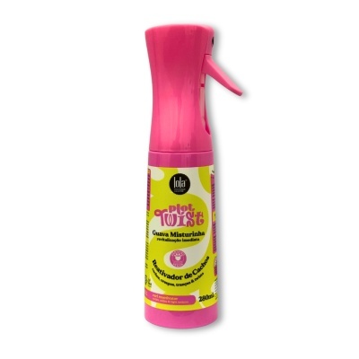 Frasco de spray rosa com rótulo amarelo e branco para reativador de cachos