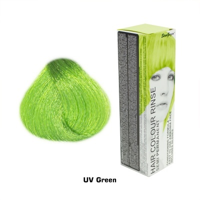 Corante de cabelo verde UV em caixa com amostra de cabelo sintético