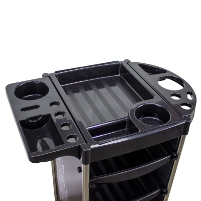 Carrinho de cabeleireiro preto com compartimentos e tabuleiro superior