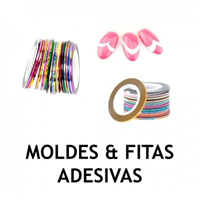 Moldes para unhas postiças, fitas adesivas coloridas e texto Moldes & Fitas Adesivas