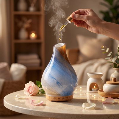 Difusor de aromas azul marrom com conta-gotas e óleo, pétalas e rosa cor de rosa numa mesa interior