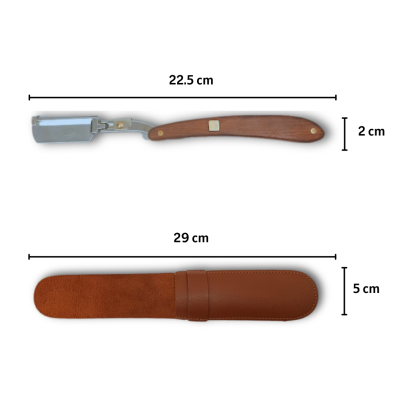 Navalha de barbear com cabo de madeira e estojo em pele castanha