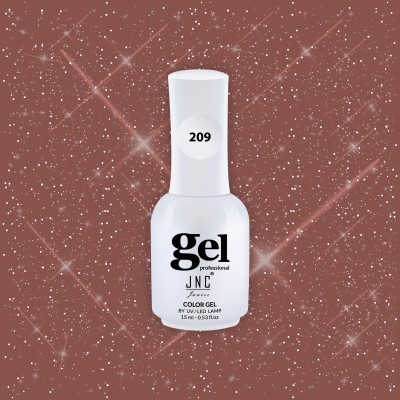 Frasco branco de verniz gel JNC Professional com etiqueta 209 sobre fundo estelar castanho