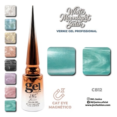 Verniz gel profissional JNC em várias cores satinadas peroladas, destaque para Cat Eye Magnético CB12 verde azulado.