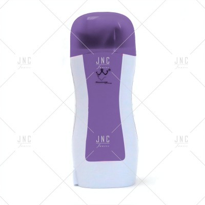 Frasco de plástico branco e roxo com tampa roxa e rótulo JNC