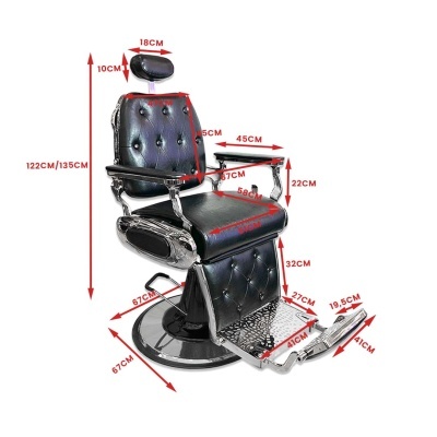 Cadeira de barbeiro preta com metal cromado e medidas anotadas em vermelho num fundo branco
