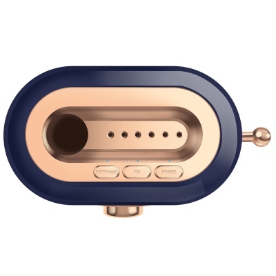 Dispositivo oval azul escuro e cobre com botões e alavanca