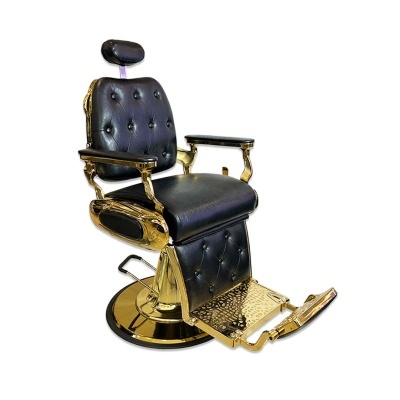 Cadeira de barbeiro preta com estrutura dourada