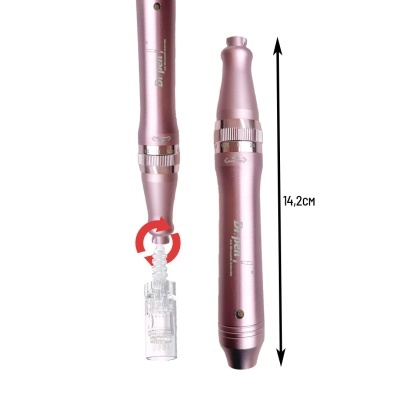 Dispositivo eletrônico rosa metálico com componente transparente e texto DR.pen