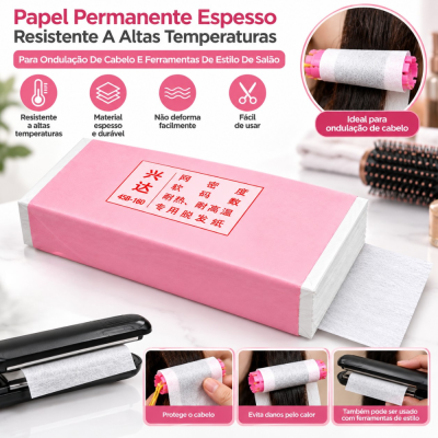 Pacote rosa de papel para ondulação de cabelo com texto em português e caracteres chineses