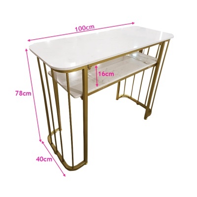 Mesa estreita metálica dourada com tampo branco e duas prateleiras, medidas indicadas