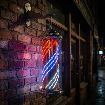 Luminária de parede cilíndrica com luzes LED vermelhas, azuis e brancas em espiral numa parede de tijolos vermelhos