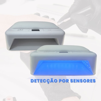 Duas lâmpadas de gel UV cinza para unhas, uma com luz azul ligada, texto DETECÇÃO POR SENSORES