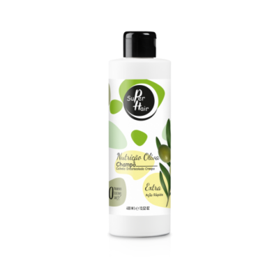 Frasco branco de champô Nutrição Oliva com tampa preta e rótulo verde e amarelo