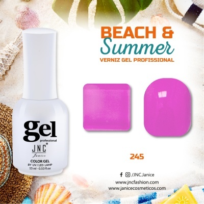 Verniz gel profissional JNC rosa vibrante com embalagem branca e decoração de praia ao fundo