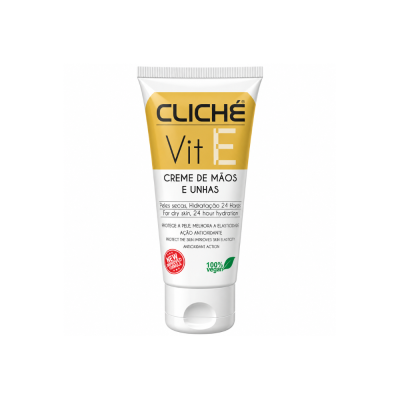 Embalagem de creme para mãos e unhas Cliché Vit E com texto e selo vegan