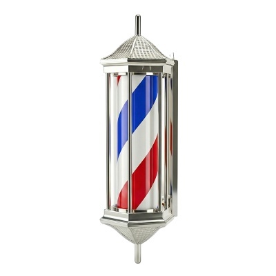 Barbeiro giratório com padrão vermelho, branco e azul em estrutura metálica prateada