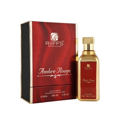 Frasco dourado e caixa vermelha de perfume Ambre Rouge RiiFFS Parfums