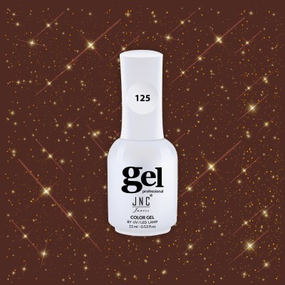 Frasco branco de verniz gel com texto preto e número 125 numa tampa branca, fundo castanho com brilho dourado