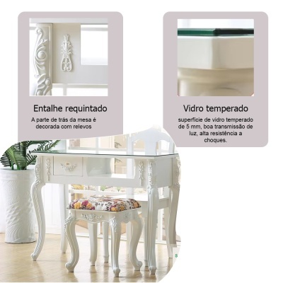 Mesa e banco brancos com entalhes e tampo de vidro, almofada com padrão floral