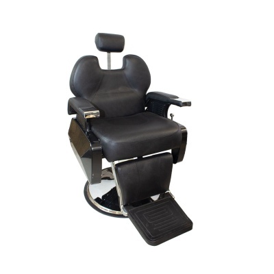 Cadeira de barbeiro preta com apoio de cabeça e descanso para os pés