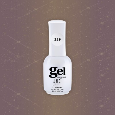 Frasco branco de verniz gel profissional número 229 sobre fundo castanho com padrão