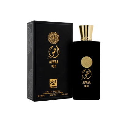 Frasco e caixa de perfume preto e dourado AJWAA OUD