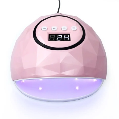 Lâmpada de manicure rosa facetada com visor digital e luz UV acesa